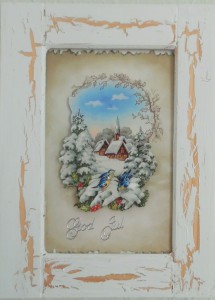 Julekort idyl. Et romantisk julelandskab. Indrammet papir collage